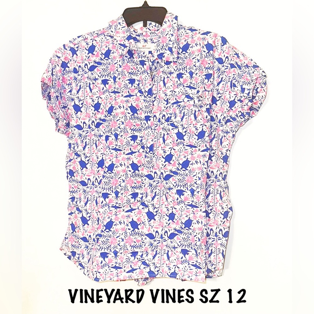 Vineyard Vines White Pink and Blue Floral Short Sleeve Blouse